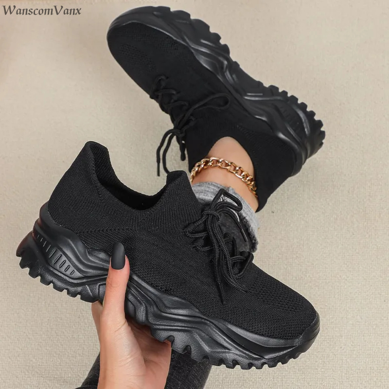 Knit Fabric Lace Up Sneakers - Kadınlar ve Erkekler için Moda Kalın